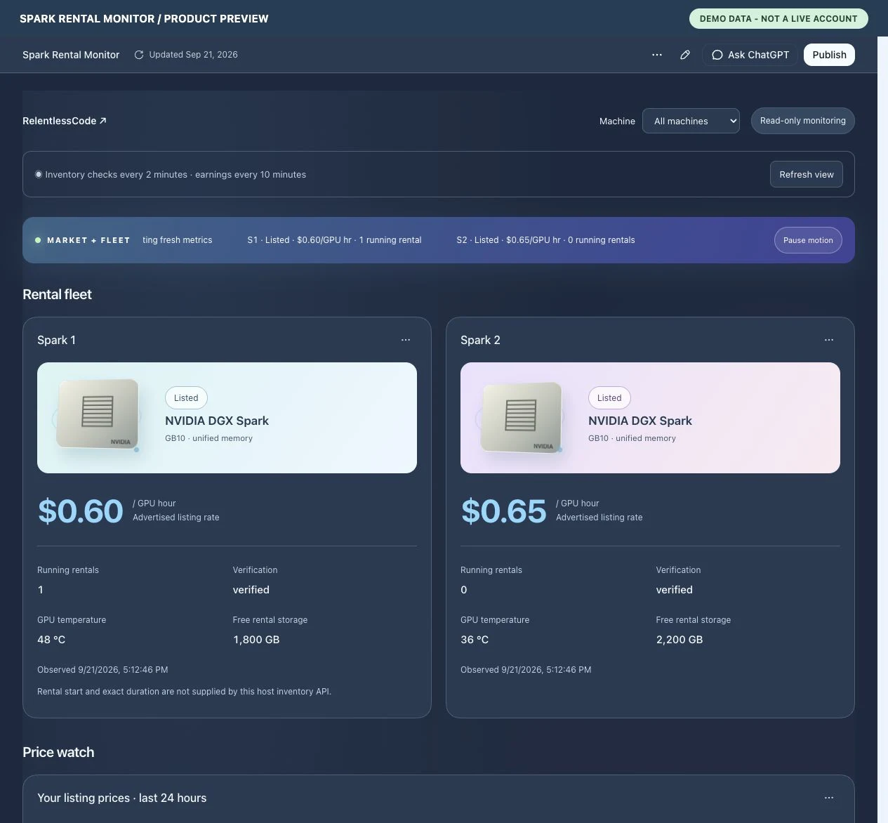 Spark Rental Monitor interface